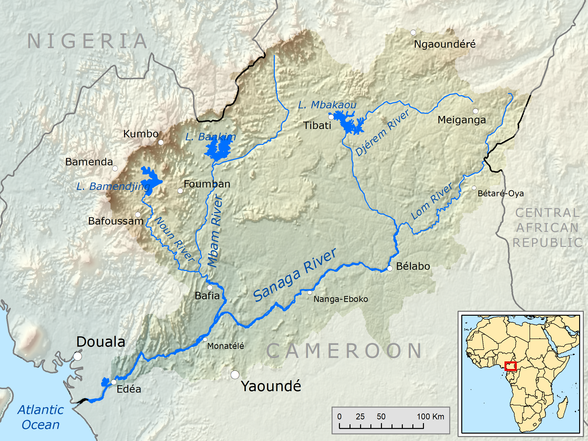 Carte du bassin de la Sanaga avec Meiganga et ses principaux affluents